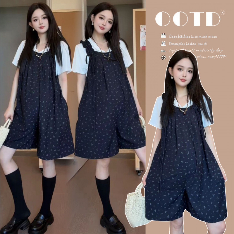 2026 Summer Knitted Short-Sleeve Top + Overalls + Floral Loose-Fitting Slimming Two-Piece Set for Pregnant Women