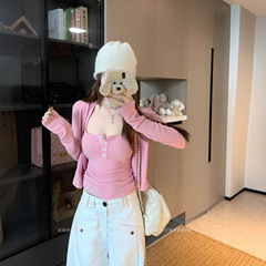 早秋穿搭一整套装粉色短款长袖开衫上衣女挂脖吊带背心辣妹两件套