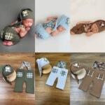 跨境新生儿摄影衣服服装道具婴儿拍照2件套帽子+背带裤宝宝