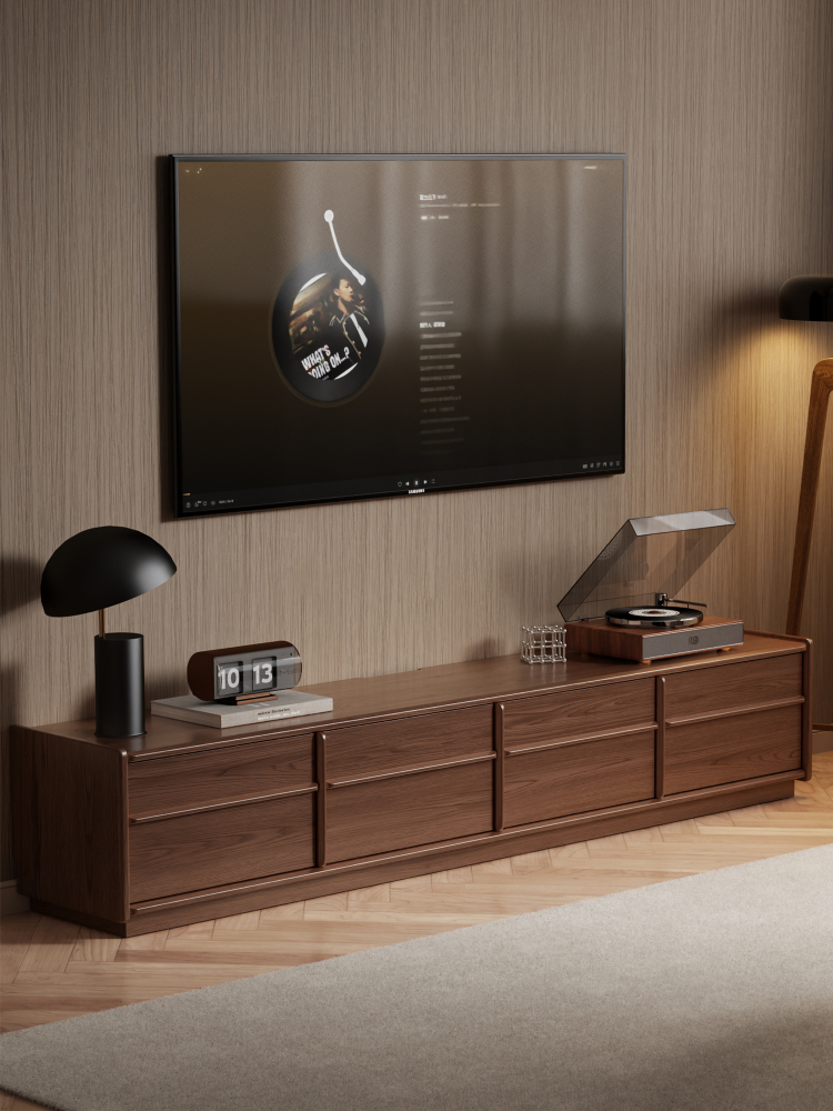 Solid Wood Skeleton Line Tv Cabinet Living Room Light Luxury Floor Cabinet Walnut Color Medieval Floor-Standing Small Apartment Tv Cabinet