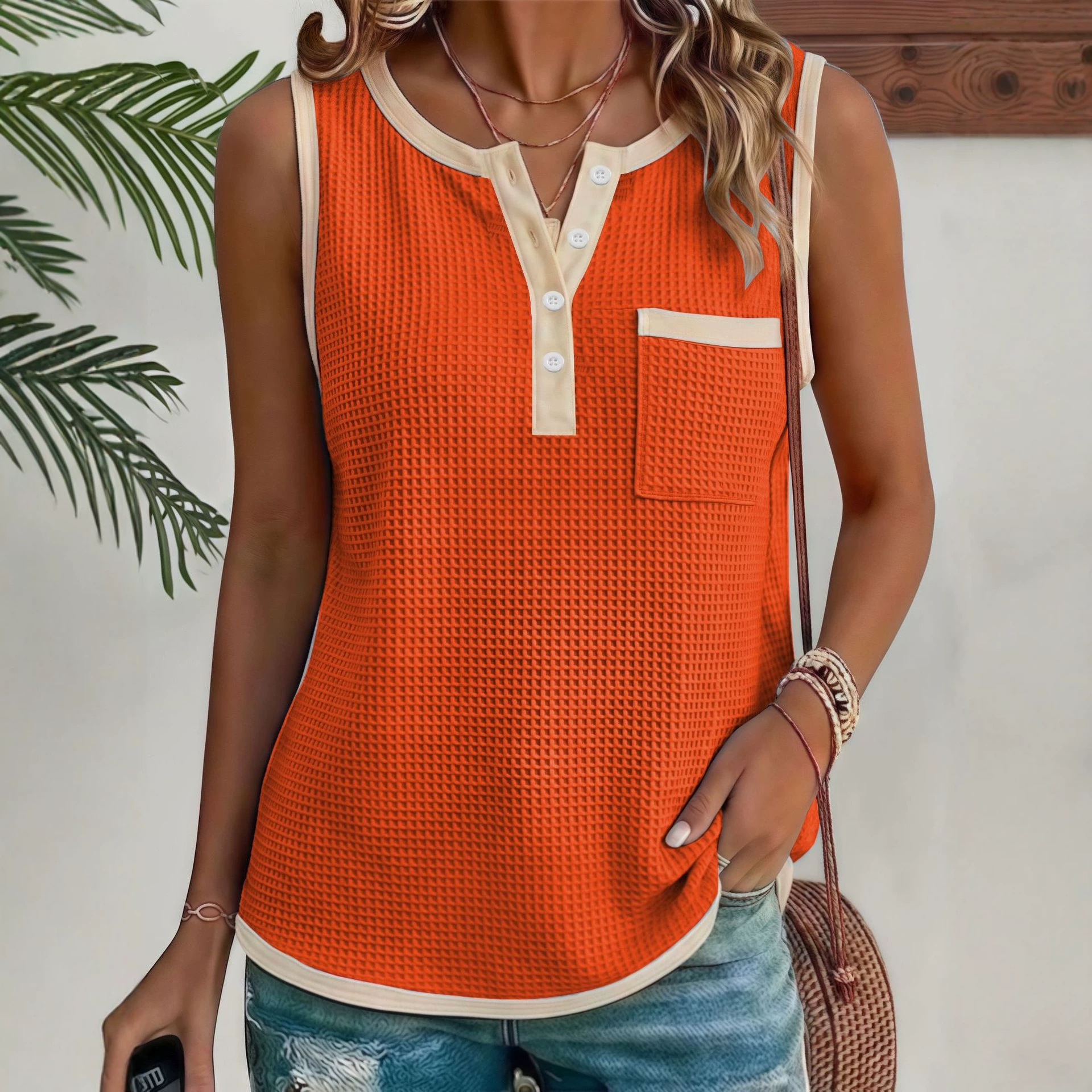 2026 Summer New European And American Fashion Casual Solid Color Waffle Splicing Women's Tank Top_ecoleips.com