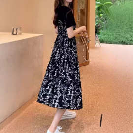 连衣裙女2025夏装新款中长款假两件碎花裙气质高腰显瘦短袖长裙子