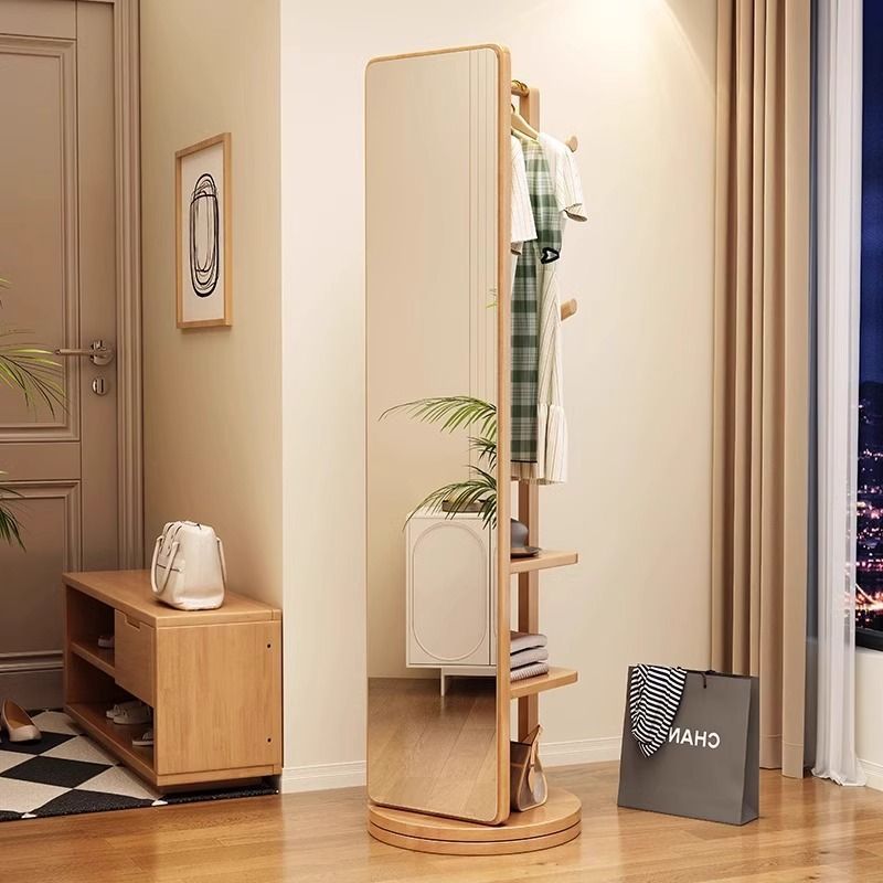 [Espejo a prueba de explosiones de alta definición] percha de sombreros de madera sólida multifuncional Espejo de cuerpo completo de suelo Espejo de vestir móvil y giratorio