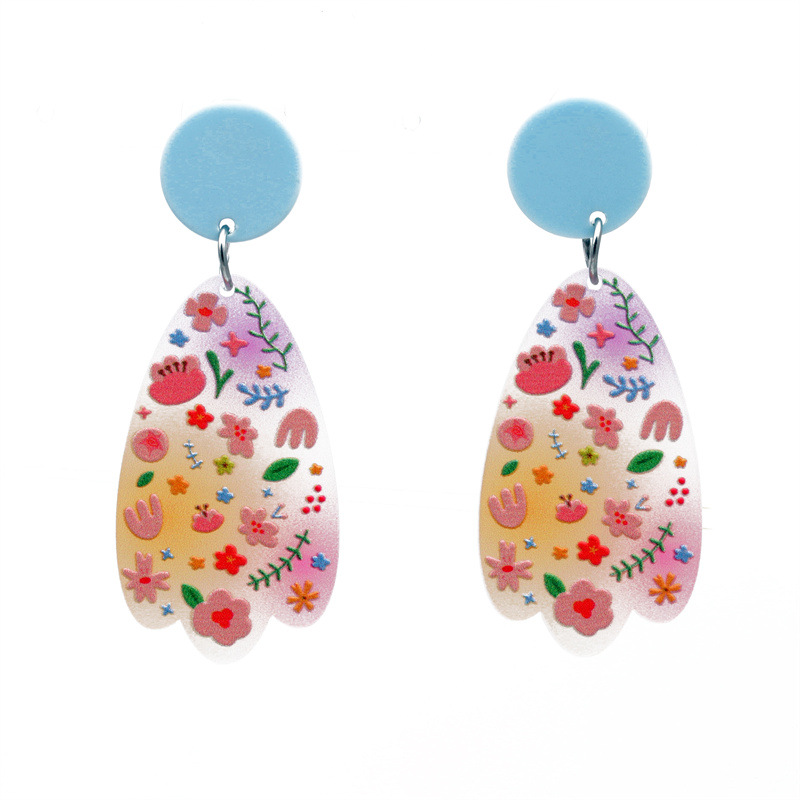 Pendientes geométricos de acrílico de acetato transfronterizo de Europa y América dulce Linda caricatura Smiley flor pintada Pendientes chapados en plata