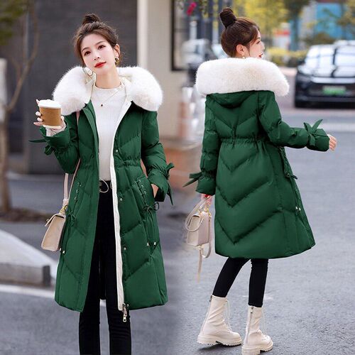 Women's Mid-Length Down Jacket with Cotton Insulation - Fashionable, Korean Style, Fitted, Thick, Waist-Close, Trendy