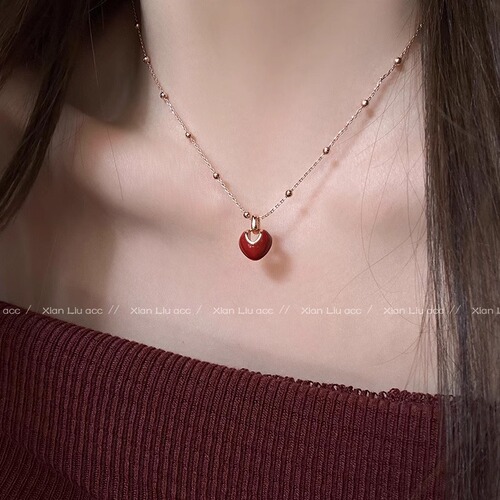 French drip glaze red love necklace autumn and winter clavicle chain light luxury women's high-end pendant niche design necklace