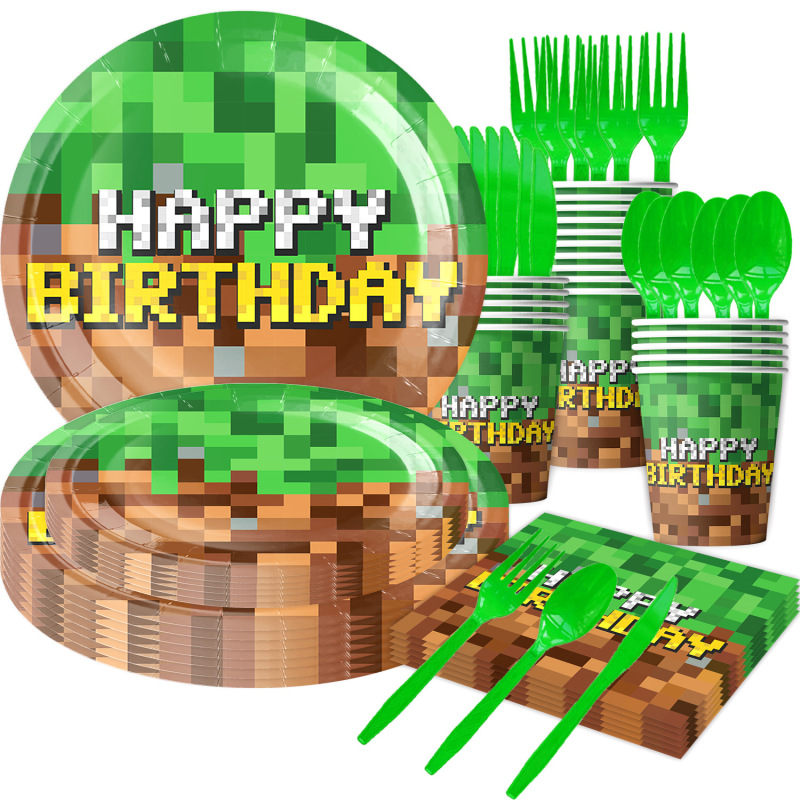 Amazon 新しい Minecraft ピクセルテーマ誕生日パーティー食器使い捨てテーブルクロスティッシュペーパー皿装飾|undefined