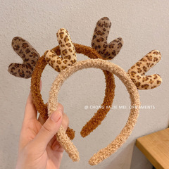 【】Korean cute leopard print antlers headband women's face wash headband women's headwear Christmas headband hairpin