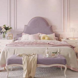 2025 New French Minimalist Cream Style Princess Bed for Girls Solid Wood Upholstered Bed Taro Purple Fabric Double Bed