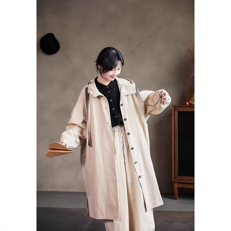Autumn New Artistic Retro Original Women's Cream Pure Cotton High-Quality Simple Women's Hooded Mid-Length Windbreaker
