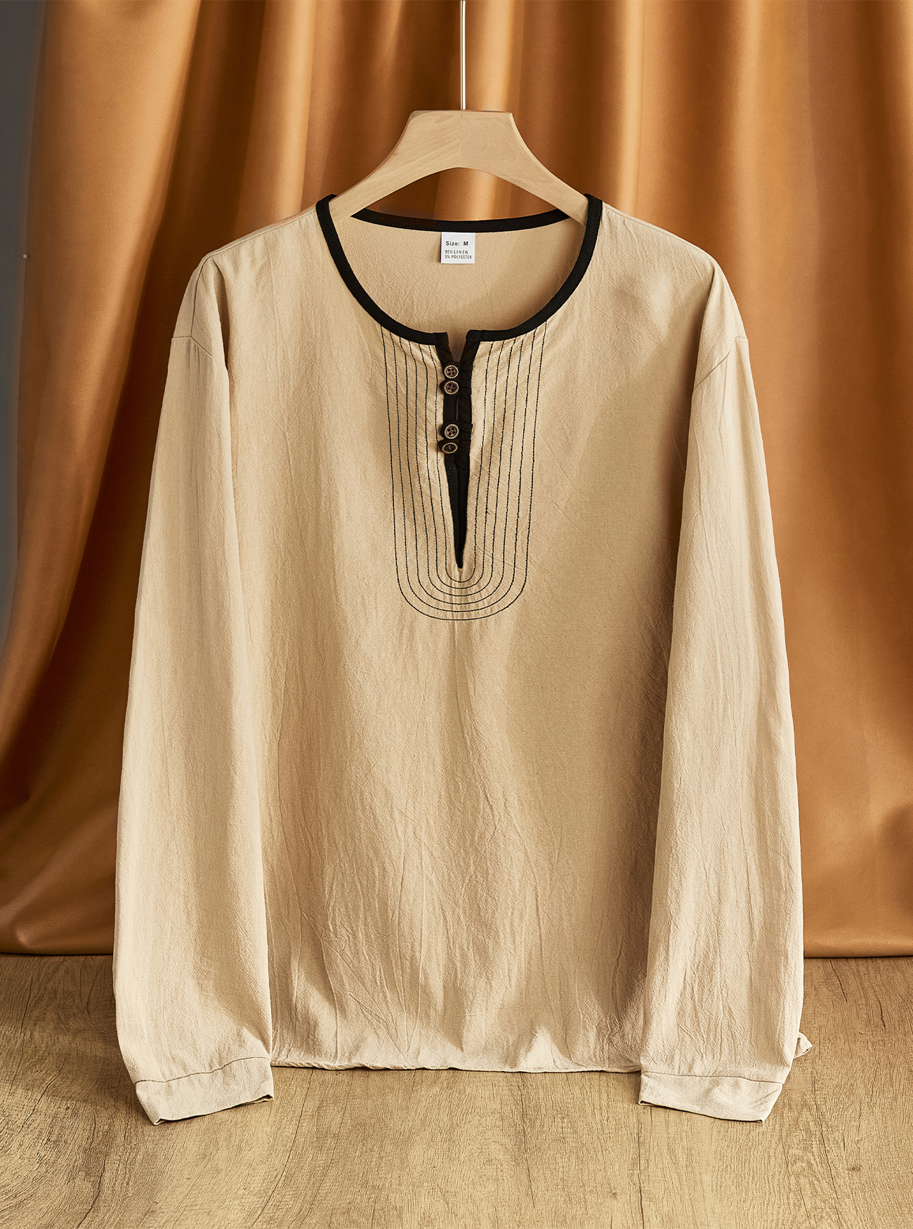 Transfronterizos estadounidenses pesados retro algodón y lino casuales de manga larga nuevo año temu nuevo estilo europeo y americano lino de moda camisa Henry