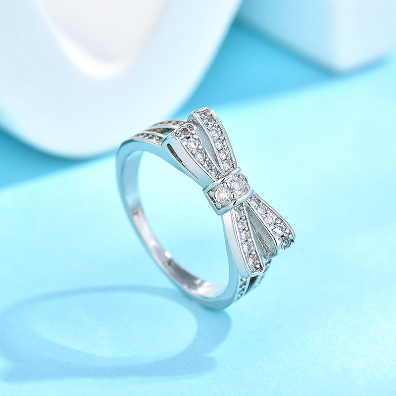 Sweet Bow Niche Double-layer Design Three-dimensional Silver Plated All-match Personality Women's Ring Wedding Engagement Internet Celebrant Ring