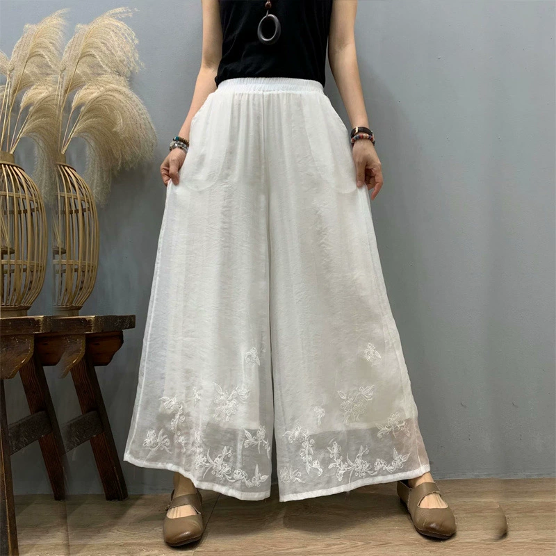 Льняные брюки-кюлоты с вышивкой Tencel, летние широкие брюки для женщин, тонкие художественные свободные тонкие повседневные прямые брюки из хлопка и льна