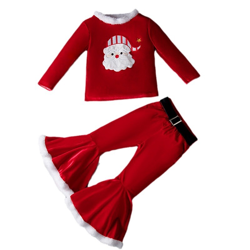 Amazon Niños traje de felpa de Navidad pantalones acampanados de Europa y América de Primavera y Otoño de Invierno de terciopelo de oro de Navidad elfo ropa