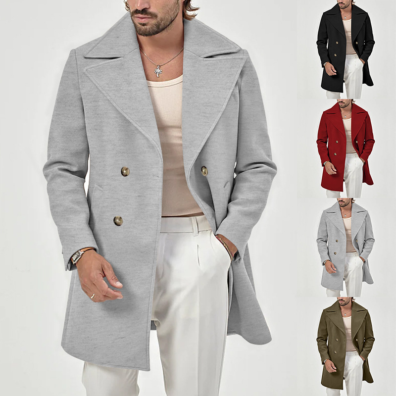 Men's suit collar medium length men's casual solid color versatile windbreaker coat_voghion.com