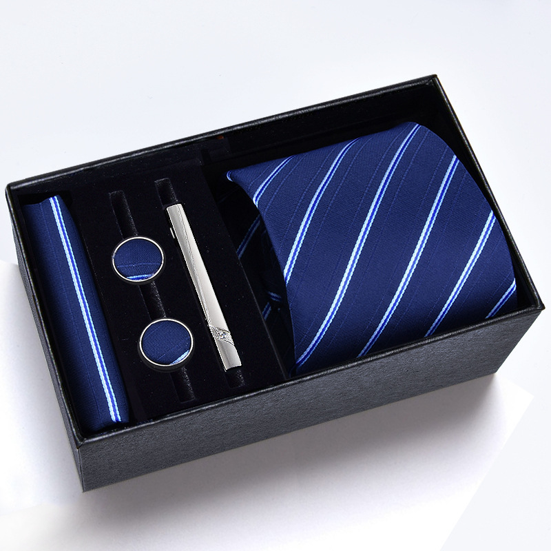 Gift Box] Men's Tie Five-Piece Suit Logo Formal Business 8cm Stripesd Black Wedding Groom