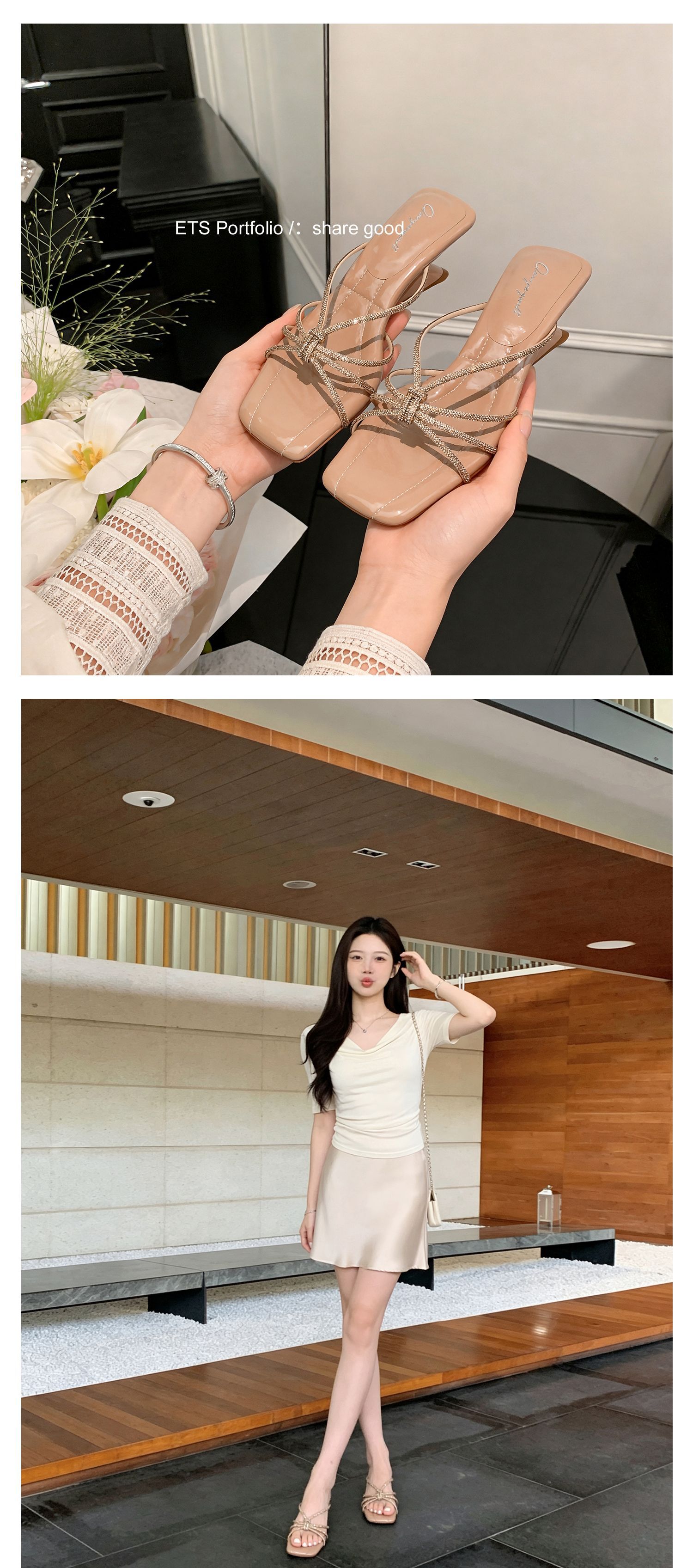 Sandal cao gót nữ mũi vuông quai ngang đính đá pha lê gót xuồng 9 cm — màu đen, màu trắng ngà, màu nude chi tiết 22
