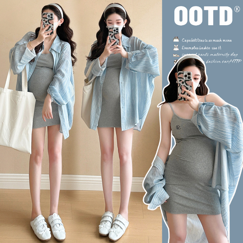Maternity Wear 2025 Summer Versatile Stylish Shirt and Slip Dress Two-Piece Set