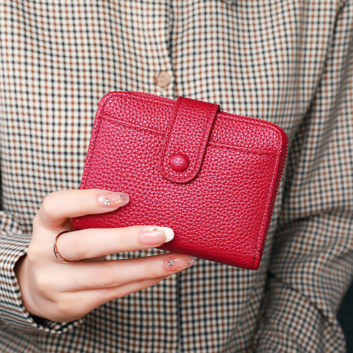 Women's Short Wallet, Ladies' Litchi-Grain Organ Card Holder with Multiple Card Slots, Trendy Korean-Style Card Case for ID and Cards