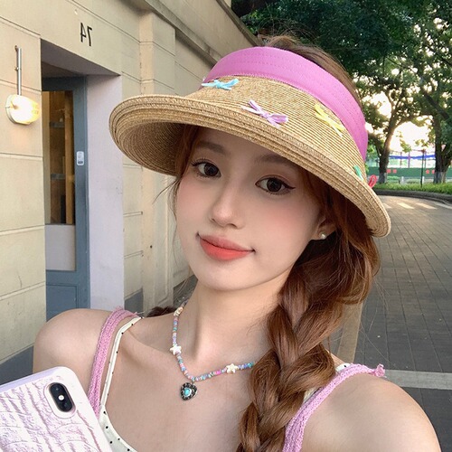 Colorful butterfly knot sun hat with large brim beach vacation sweet girl open-top hat grass-woven sun protection commuting sun hat
