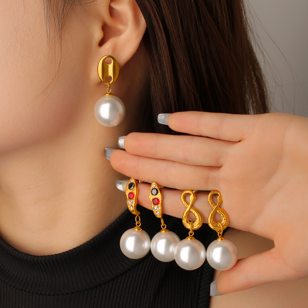 Meishiduo Cross-Border Titanium Steel European and American Niche Snake-Shaped Pearl Gemstone Earrings for Women, Light Luxury Style, Non-Fading Personalized Earrings