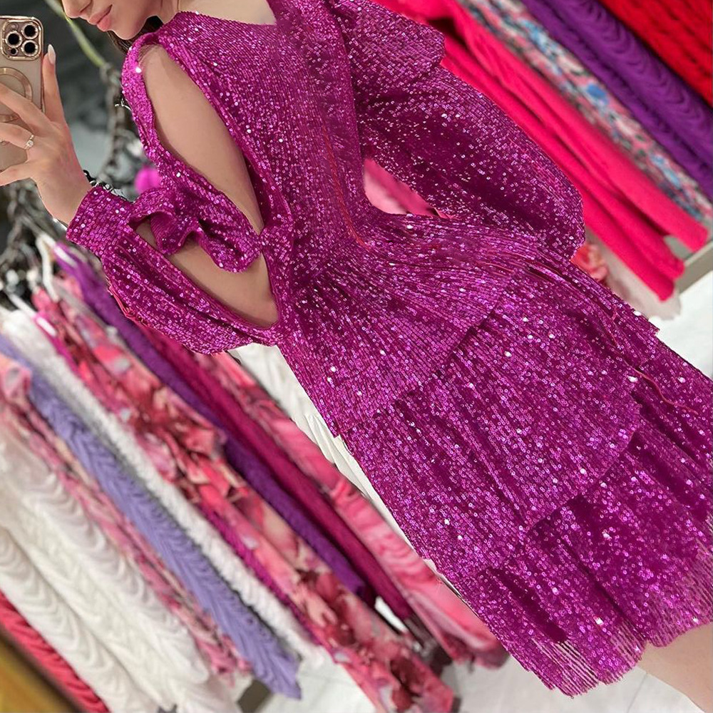 Spandex, Polyester Fabric Type Mid Waist Waist Line Wholesale Women's Streetwear Sequins Glittery Solid Color Holiday Daily V Neck Long Sleeve Sequin Dress