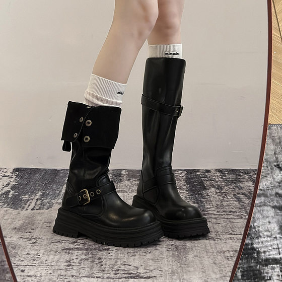 Genuine Leather Boots Women's 2024 Autumn and Winter New Two-Wear Folding Knee-High Martin Boots British Slim Look Motorcycle Boots
