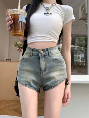 不規則パンツ ウォッシュドホットパンツ ジーンズ レディース ストレートパンツ Aラインショーツ ホットガール アメリカンスタイル 新しいハイウエスト 2025
