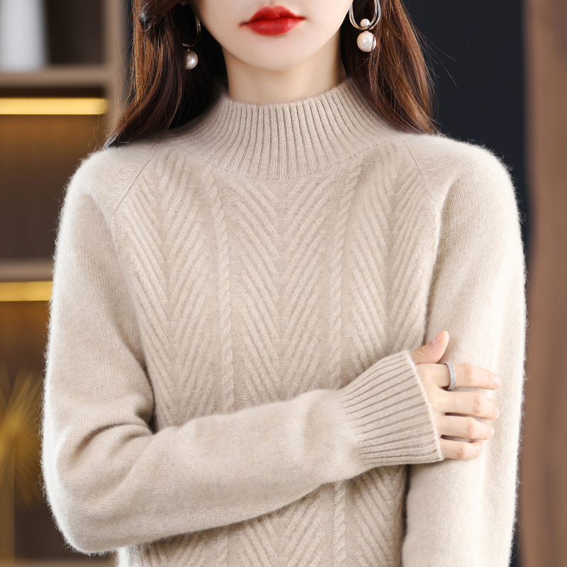 Ropa de otoño e invierno 2024 nuevo popular de este año popular hermoso medio cuello alto grueso suéter de las mujeres camisa de fondo de estilo occidental