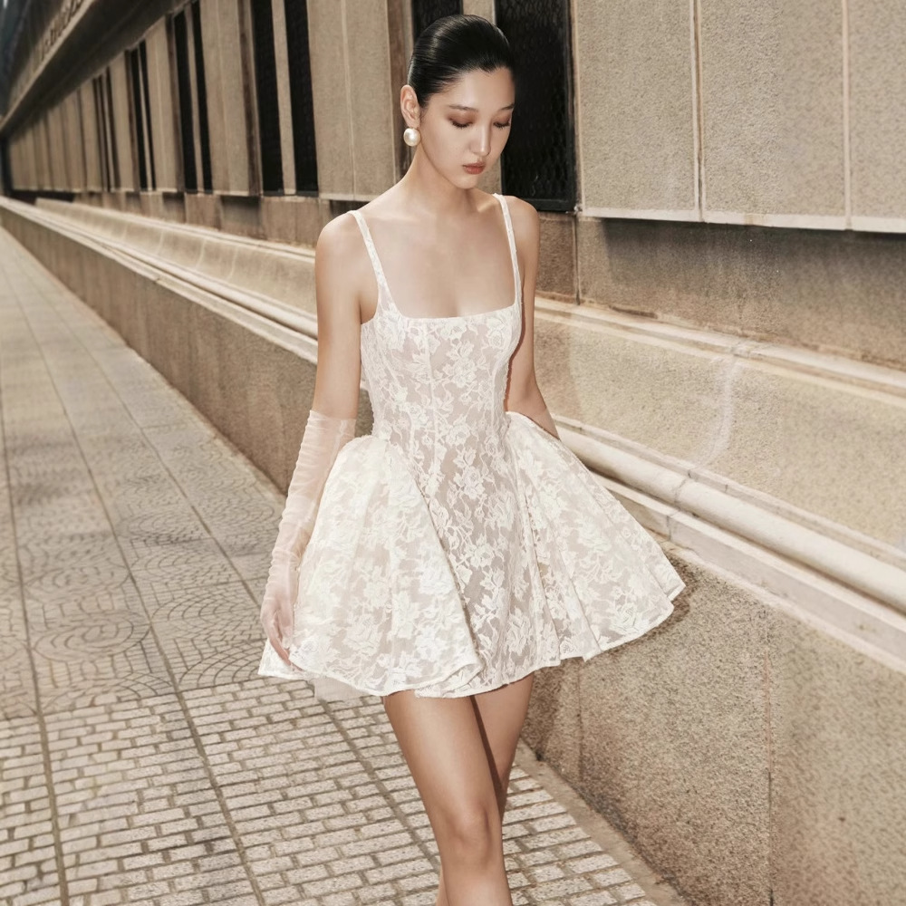 French Pure Lust Suspender Lace Daughter Style Date Dress Puffy Skirt Waist Princess Birthday Party Dress