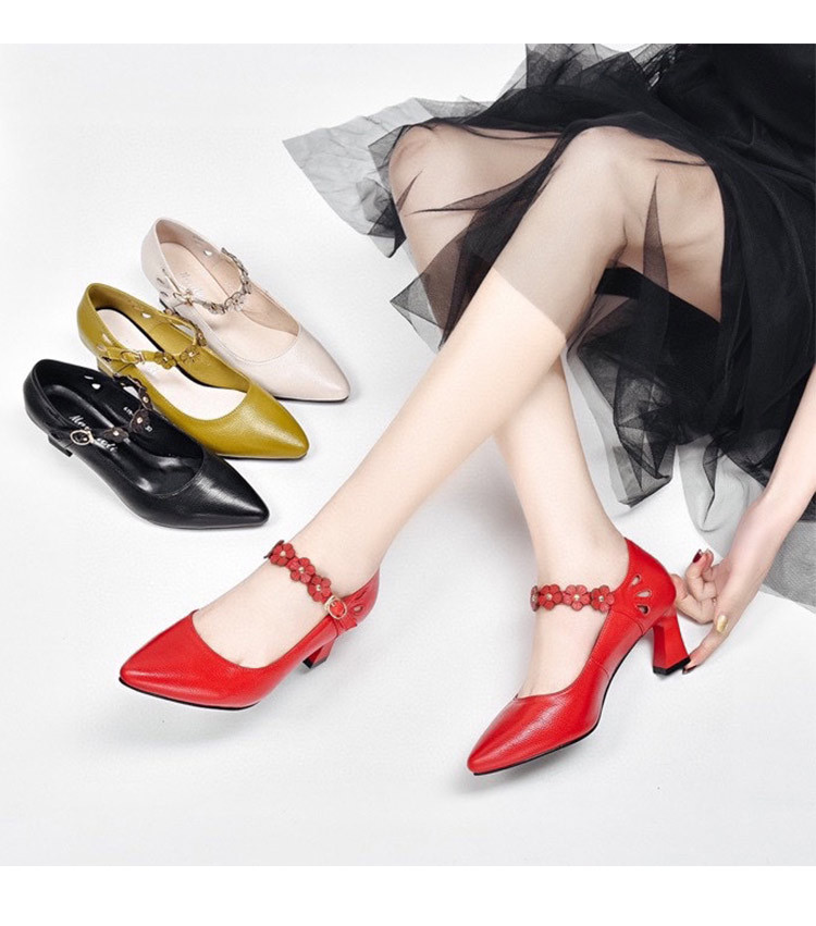 Giày cao gót nữ mũi nhọn miệng nông quai khóa da thật công sở — Màu đen chi tiết 6