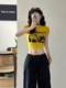 [210g 40 Count 1 × 1 Pure Cotton] Printed Short-sleeved T-shirt Women's Slim Sweet Hottie Short Navel-baring Right Shoulder Top