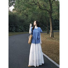 超显白！蓝色小飞袖毛衣高级两件套韩系叠穿抽绳马甲可收缩针织衫