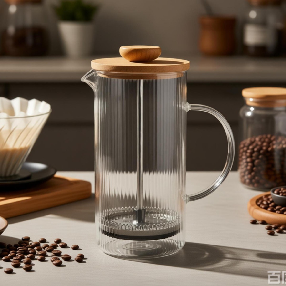 High borosilicate glass French press coffee maker set, home-use frothing and tea brewing device, press-type filter cup