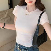H586圆领正肩短袖女夏季辣妹设计简约时尚修身显瘦内外搭T恤上衣