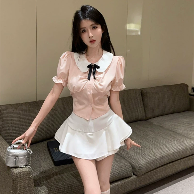 Маленькая девочка Ся Сладкая Академия Ветер jk Талия Розовая рубашка Униформа Набор Белая пушистая короткая юбка набор из двух частей