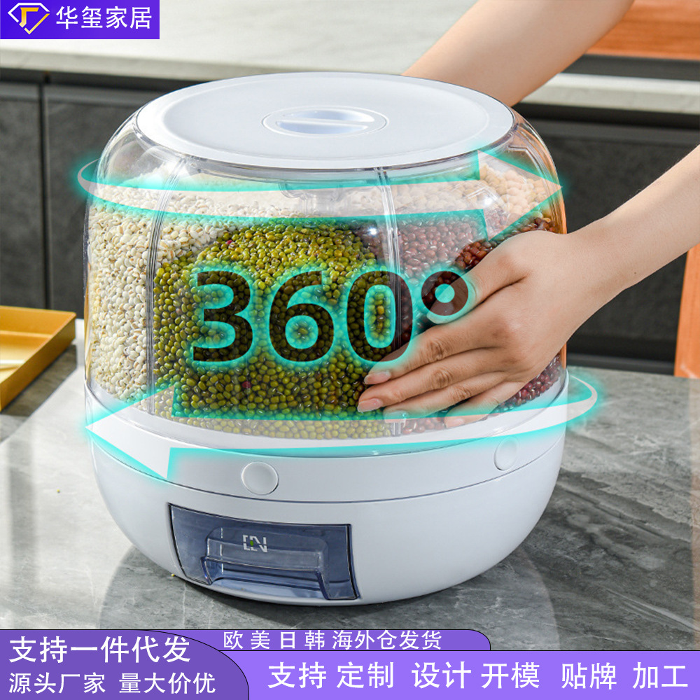 Cubo de arroz para el hogar, cubo giratorio dividido para granos, caja de almacenamiento con múltiples rejillas, caja de almacenamiento de arroz sellada a prueba de insectos y humedad, tanque de arroz de plástico