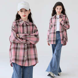 儿童格子长袖衬衫2025春秋宽松女大童学院风百搭休闲高品质外套