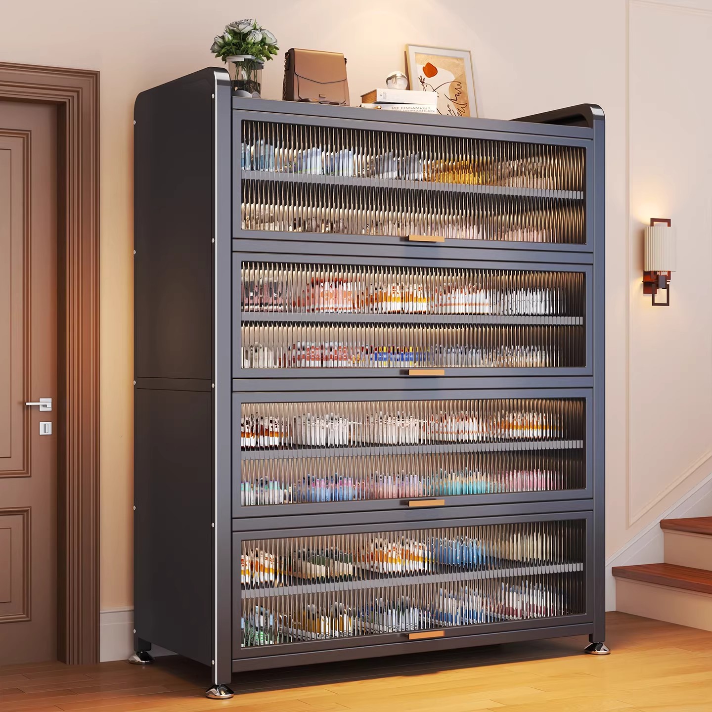 Gabinete de zapatos de acero, gabinete de almacenamiento doméstico, almacenamiento integrado contra la pared, puerta de entrada, gran capacidad, 2026 nuevo rack de zapatos