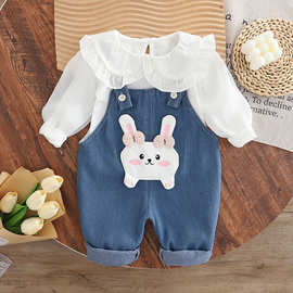 女童春秋装新款洋气婴儿童女宝宝可爱小白兔长袖牛仔背带裤两件套