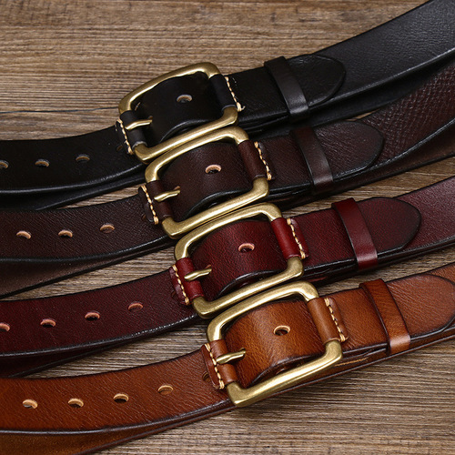 Men's Korean-style minimalist fashion belt: Vintage copper-buckle design, crafted from premium full-grain genuine leather with an aged finish—perfect for trendy denim workwear-inspired jeans!
