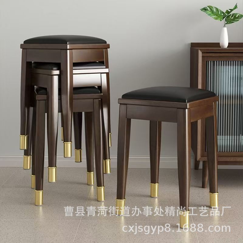 Solid Wood Stool for Home Use, Light Luxury Soft Cushion, Stackable Dining Chair, Low Stool for Living Room Dining Table, High Bench, Square Stool
