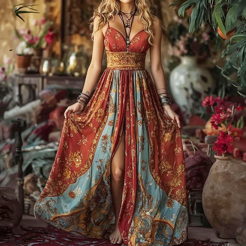 Ln1640 Cross-Border 2025 European and American Summer New Style Tube Top Backless Suspender Skirt Retro Printed Long Dress