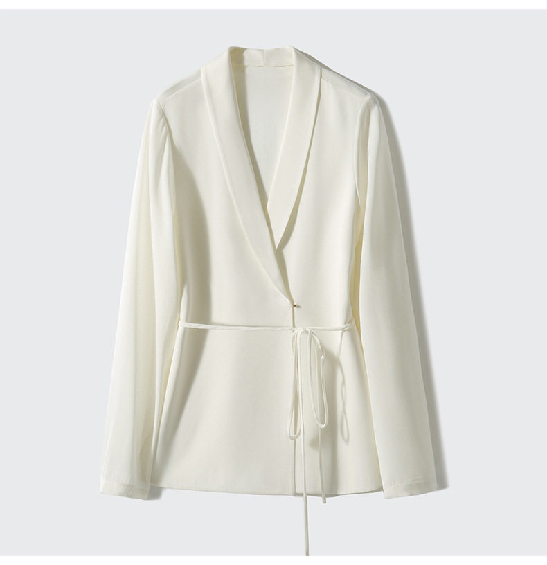 Áo blazer nữ satin thắt eo dáng ôm kiểu Pháp thanh lịch — Trắng ngọc trai, Xám nhạt, Đen đá chi tiết 18
