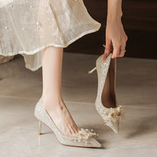 不累脚主婚纱秀禾两穿水晶鞋香槟色新娘婚鞋女2025新款亮片高跟鞋