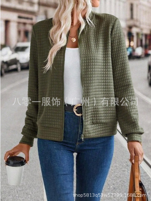 现货批发亚马逊热销新款欧美女装长袖拉链纯色拼接开衫纯色外套女|undefined
