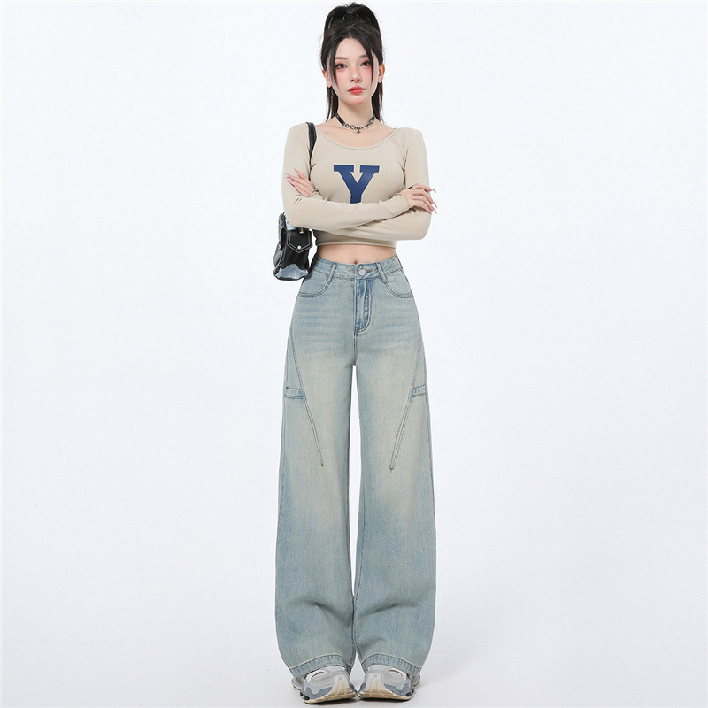 浅蓝色窄版阔腿牛仔裤女春秋2025新款高腰垂感宽松设计感直筒裤子|undefined
