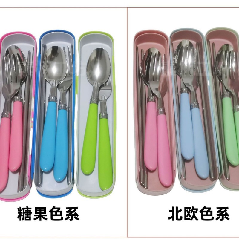 ステンレス製携帯食器、プラスチック製の持ち手付きフォーク、スプーン、箸、家庭用学生・子供用簡易食器3点セット、クロスボーダー|undefined