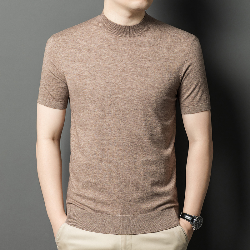 Ordos 100% cachemira pura, hombre de manga corta, suéter de lana de punto de cuello medio alto, suéter de manga media gruesa