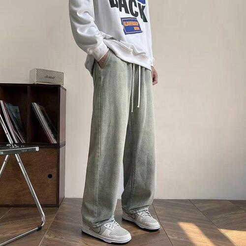 American jeans, men's summer washed, old niche yellow mud dyed trousers, fashion brand high street loose straight pants